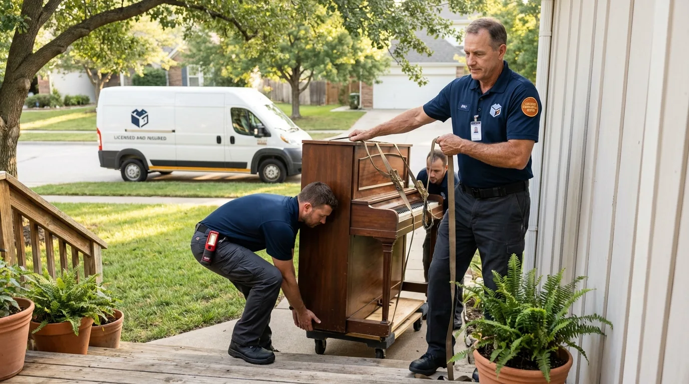 Licensed piano movers securing grand piano in Hutchinson, MN