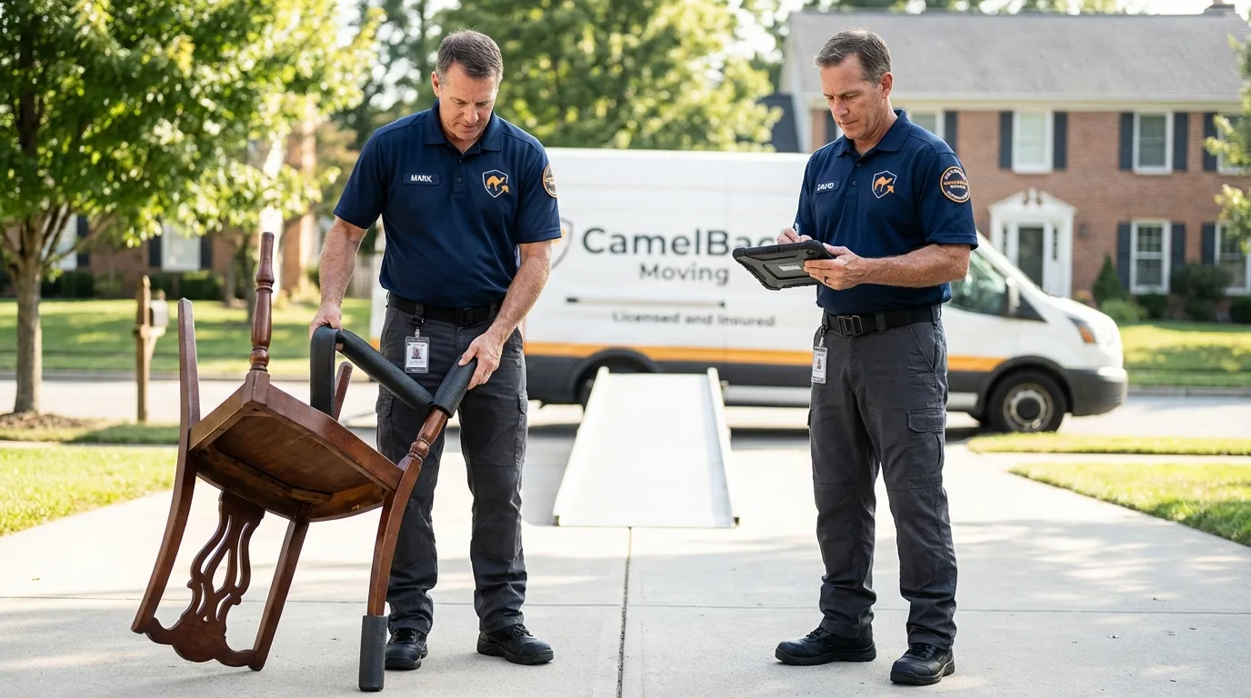 Movers inspecting furniture for damage prevention before loading in Hutchinson, MN