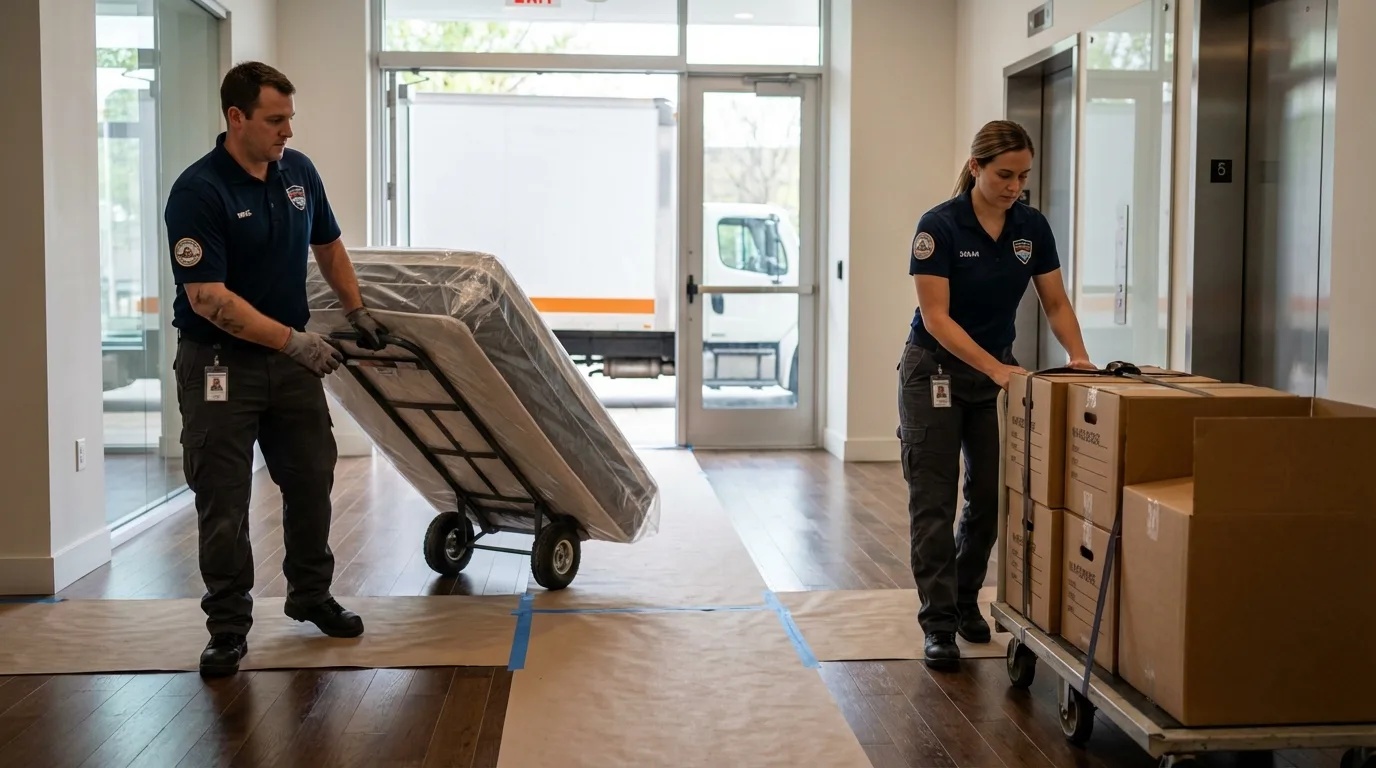 Professional apartment movers loading elevator in Hutchinson, MN