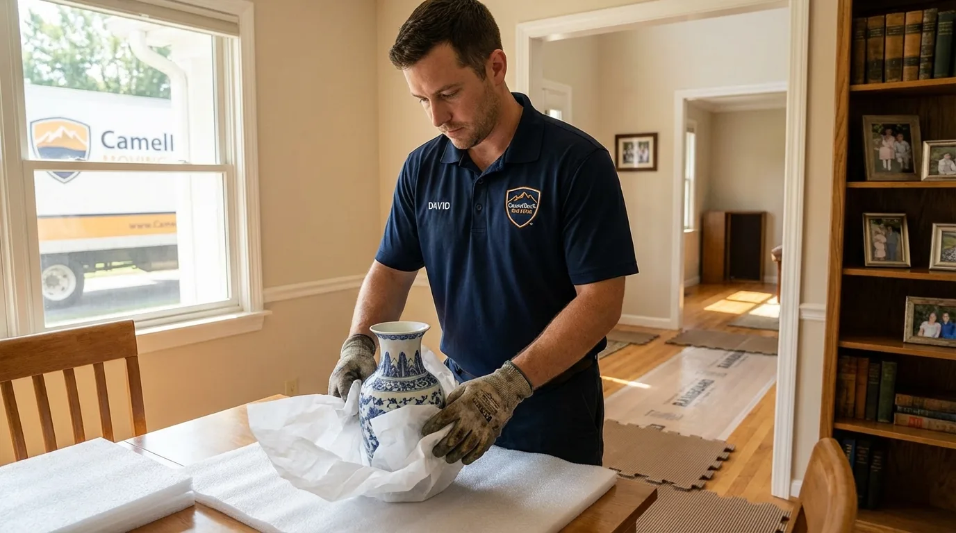 Professional crew carefully wrapping antique vase for senior downsizing move in Hutchinson, MN